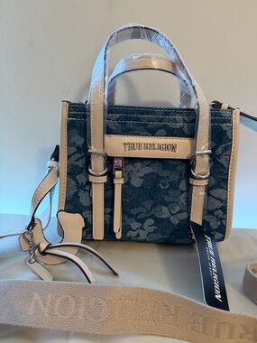 True Religion Blue Floral Denim Mini Satchel with Cream Trim